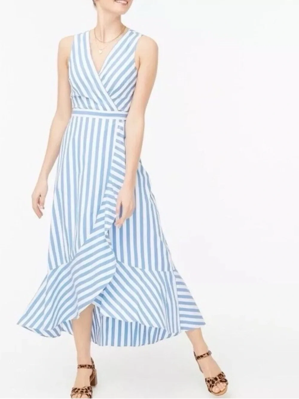 J. Crew Stripe Ruffle High Low Maxi Dress Size 8 New Nautical Sleeveless